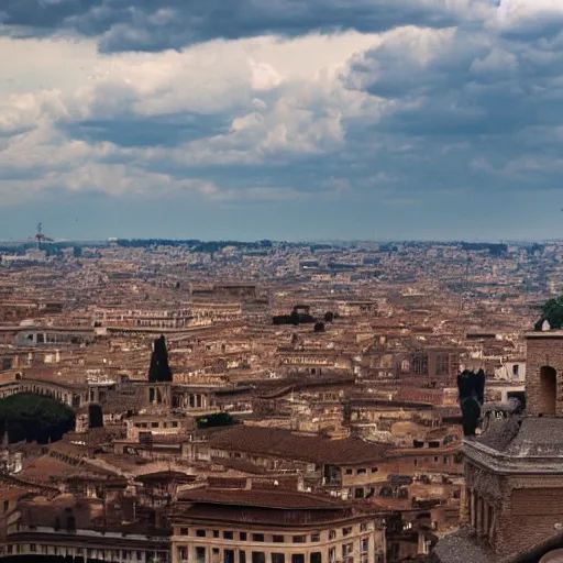 Image similar to Captain America flies over the cityscape of Rome. Filmed in the style of Wim Wenders. Cinematic, 50mm, highly intricate in technicolor