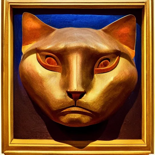 Prompt: polychrome cat head sculpture, by annie swynnerton and diego rivera and nicholas roerich, symbolist, dramatic lighting, god rays, elaborate geometric ornament, art brut, rich colors, smooth sharp focus, extremely detailed, adolf wolfli