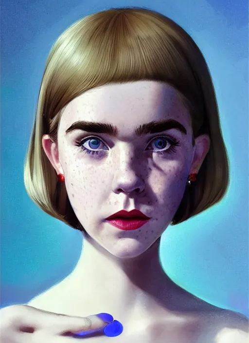 Image similar to portrait of kiernan shipka with freckles, white hair, big 1 9 6 0 s bob hairstyle with bangs and hairband, blue 1 9 6 0 s dress, intricate, elegant, glowing lights, highly detailed, digital painting, artstation, concept art, smooth, sharp focus, illustration, art by wlop, mars ravelo and greg rutkowski