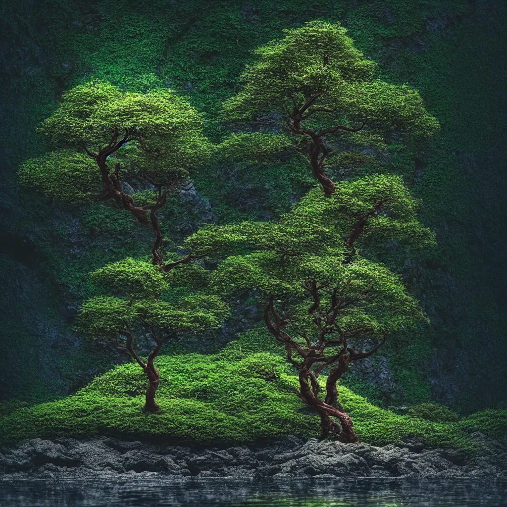 Image similar to long shot of a tiny tree on an island in a river in an underground cave. fantasy magic style. highly detailed 8 k. intricate. lifelike. epic. movie poster. soft light. sony a 7 r iv 5 5 mm. cinematic post - processing