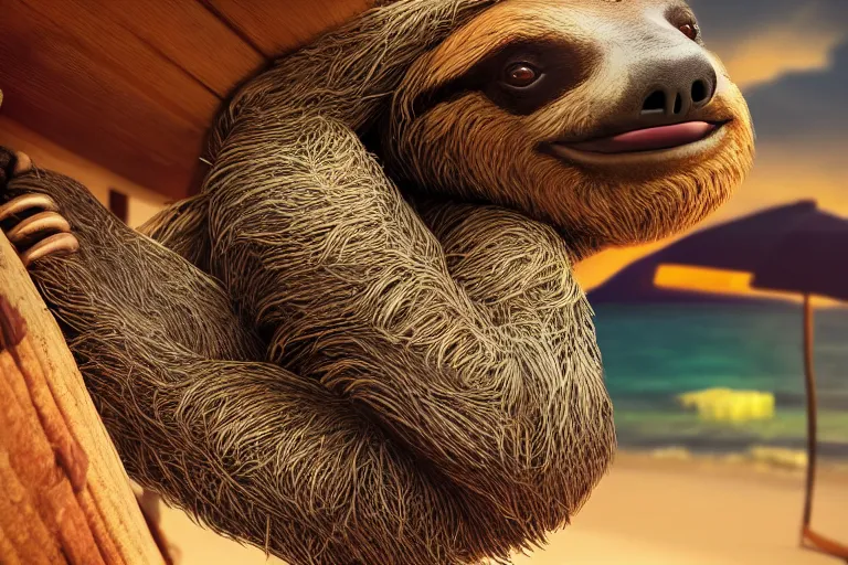 Prompt: a sloth partying on a coromandel beach in new zealand, beach bar, party, award winning, vibrant, highly realistic, digital art, artstation, deviantart, hd, octane render, 4k