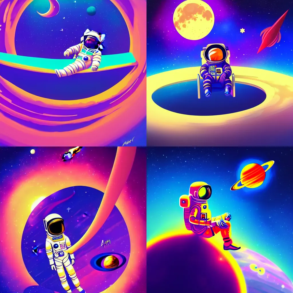 Prompt: an Astronaut lie relaxed on a crescent moon between the stars and the planets in outer space, psychedelic style, 4k, illustration, trending on artstation by David Nakayama and tyler edlin