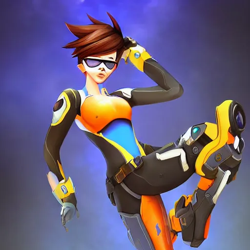 Prompt: digital painterly artwork of tracer from the game overwatch