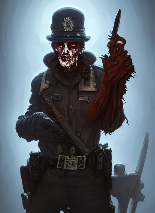 Prompt: dungeons and dragons portrait of a policeman corpse wearing a policeman costume, zombie, intricate, highly detailed, dynamic lighting, digital art, digital painting, artstation, terence nielsen, sharp focus, illustration, art by artgerm and greg rutkowski and moebius, 8 k