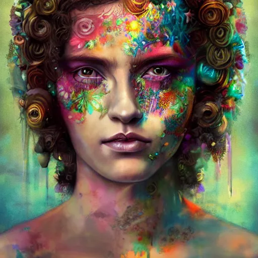 Image similar to Lofi biopunk portrait beautiful woman with short brown curly hair, roman face, unicorn, rainbow, floral, Tristan Eaton, Stanley Artgerm, Tom Bagshaw