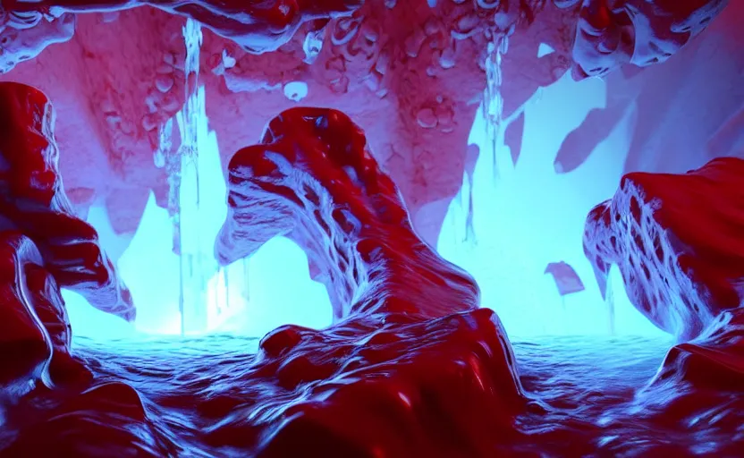 Prompt: liquid nitrogen and red water-cooling coolant flowing through latent representations of ice caverns by centrifugal forces, gaming pc circuitry sticking out the walls!!!!, high detail, high contrast!, low-poly elements!!!, trending on artstation, octane render, subsurface scattering, 4k