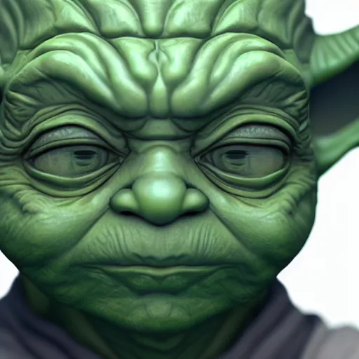 Image similar to Intricate five star Yoda facial portrait, Skin texture, hyperrealism, high detail, matte finish, high contrast, 3d depth, masterpiece, vivid colors, artstationhd