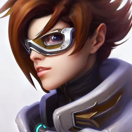 Image similar to closeup portrait of Tracer from Overwatch, D&D, fantasy, intricate, elegant, highly detailed, digital painting, artstation, concept art, matte, sharp focus, illustration, hearthstone, art by Artgerm and Gred Rutkowski and Alphonse Mucha