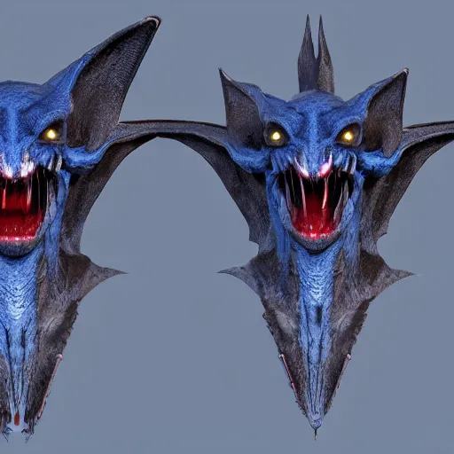 Image similar to front and back character view of scary giant mutant dark blue humanoid bat, glowing red eyes flying above a stormy ocean, sharp teeth, acid leaking from mouth, realistic, giant, bat ears, bat nose, bat claws, bat wings, furred, covered in soft fur, detailed, trending on artstation clean concept art and sheet that using unreal engine 5 render and hyper detailed 3D texture with cinematic software light 85mm f/1.4