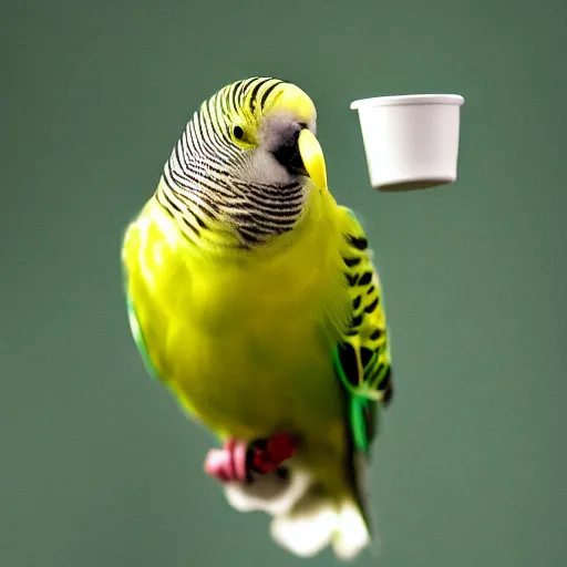 Prompt: a budgie drinking a cup of tea