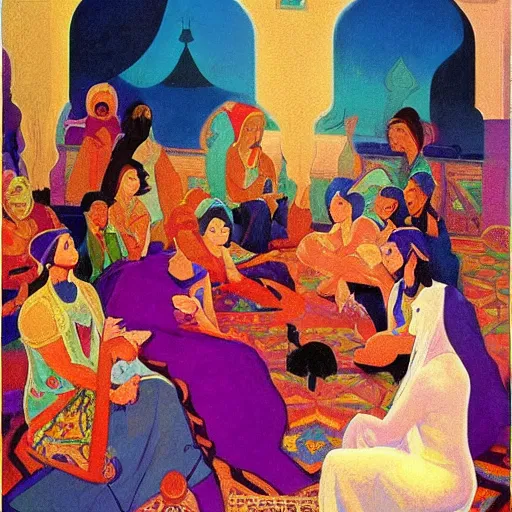 Image similar to a detailed oil painting of a harem with arabic patterns, turquoise and purple fire, by nicholas roerich, by frank frazetta by georgia o keeffe by frederick william elwell, by hans emmenegger, by bruce pennington, by eyvind earle highly detailed, realistic, outline, line work, oriental,