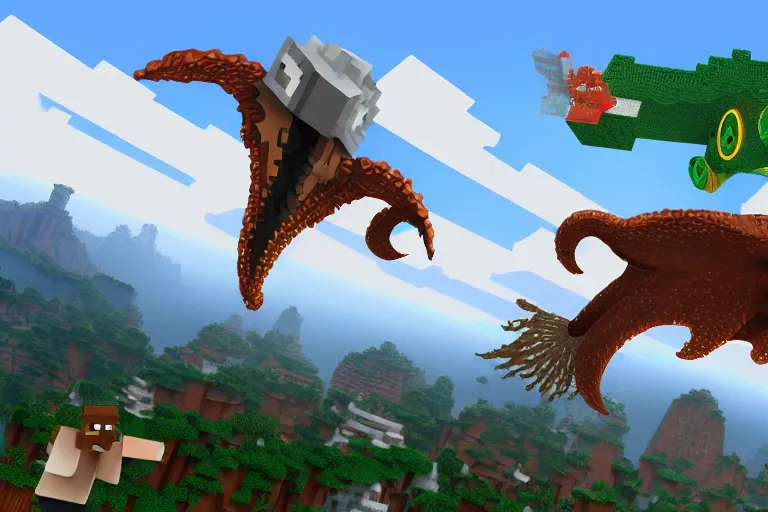 Image similar to giant flying squids in Minecraft, digital art, artstation, highly detailed, 4k