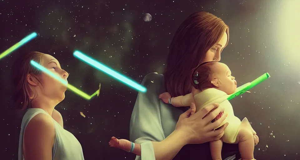 Prompt: “ a very very very very very very beautiful realistic still of a woman holding a newly born baby nicholas cage dressed as batman eating crayola crayons, by makoto shinkai, syd meade, starwars, space art concept, sci - fi, digital art, unreal engine, wlop, trending on artstation, 4 k uhd image, octane render ”