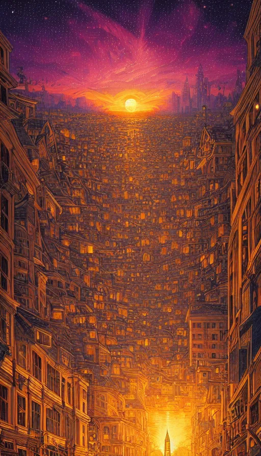 Prompt: The starlit city of wisdom and dreams at sunset, da vinci, Dan Mumford, Josan Gonzalez