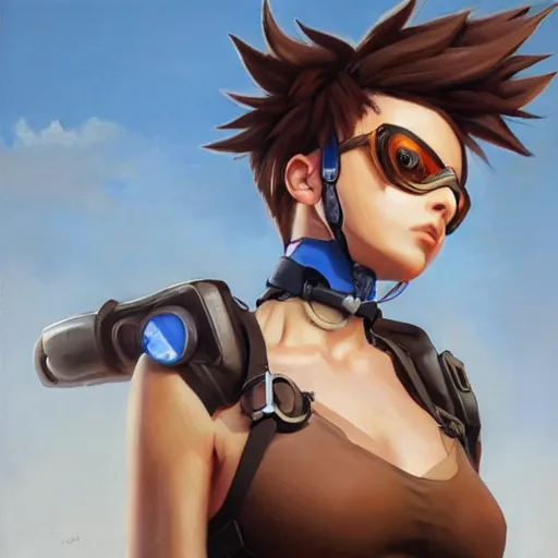 Image similar to oil painting of tracer overwatch in a field wearing spiked collar around neck, in style of raymond swanland, expressive face, wearing choker, steel collar, steel choker, wearing collar on neck, detailed face, detailed eyes, full body, feminine face, tracer overwatch,