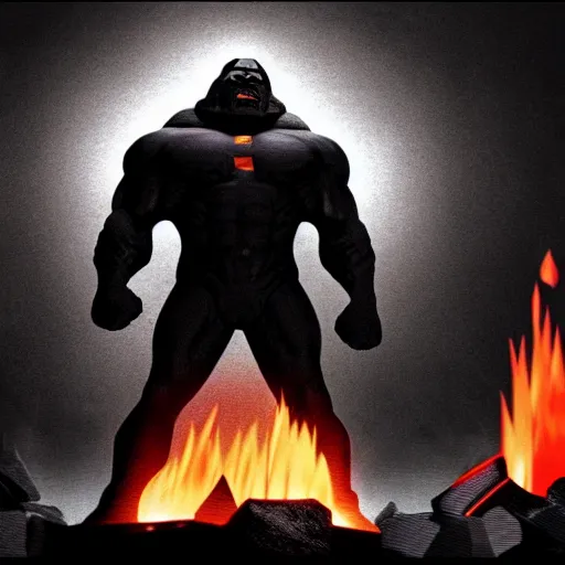 Image similar to darkseid in a dark suit with glowing eyes standing in front of a fire, a photocopy by zack snyder, cgsociety, antipodeans, # vfxfriday, reimagined by industrial light and magic, movie still