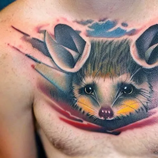 Prompt: tattoo of an opossum flying a plane