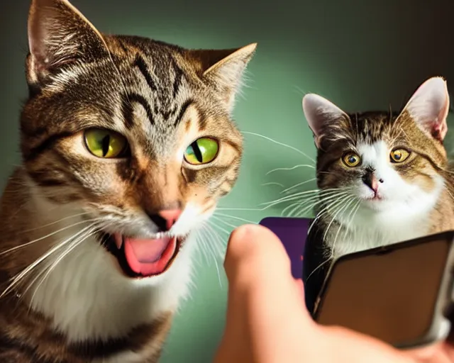 Prompt: color studio photo a cat taking a selfie, smiling, closeup, detailed