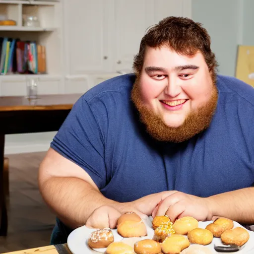 Image similar to big fat guy sitting at a dirty table with too many donuts on his plate,