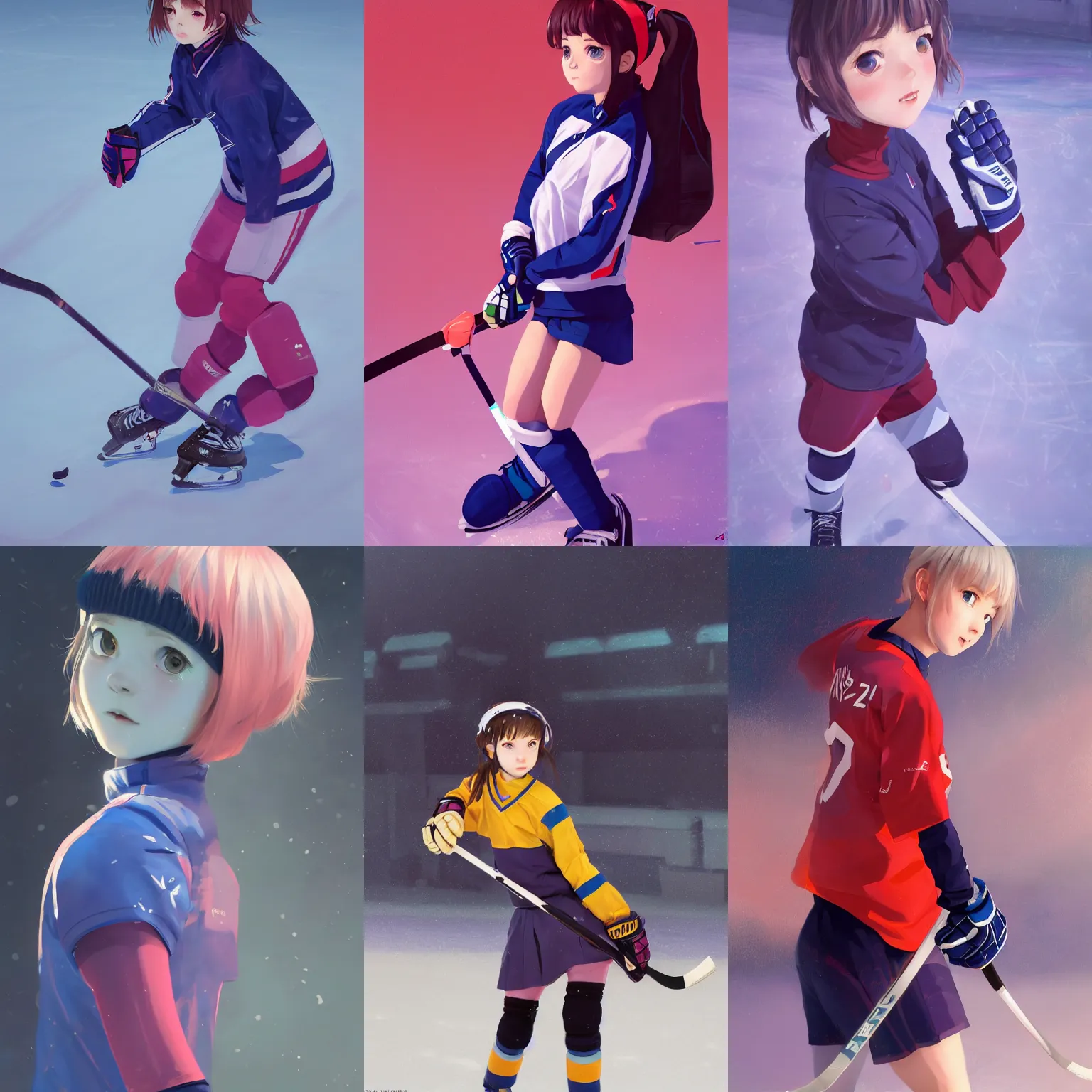 Prompt: a portrait of a cute young female ice hokey player, sports setting, vivid colors, soft lighting, atmospheric, cinematic, moody, in the style of Ilya Kuvshinov and Range Murata, Krenz Cushart, rule of thirds, oil on canvas, 8k