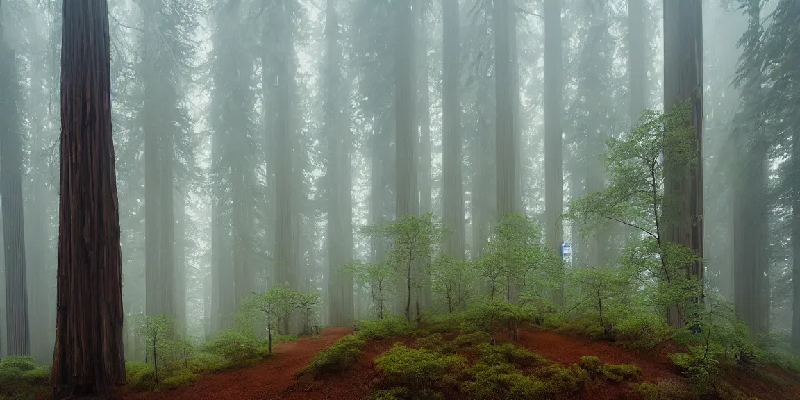 Prompt: Douglas Fir and Redwood forest in northern california, ground scattered with woodsorrel, horsetails, fairybells and other minor shrub plants, misty, foggy air. Trending on Artstation, deviantart, worth1000. By Greg Rutkowski. National Geographic and iNaturalist HD photographs
