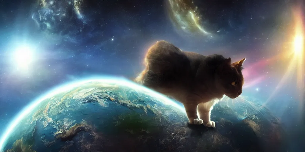 Image similar to a giant cat eating the earth planet, scifi, artstation, cosmos exploration, realistic photo, 4 k, photo by nasa, hubble telescope, cosmos