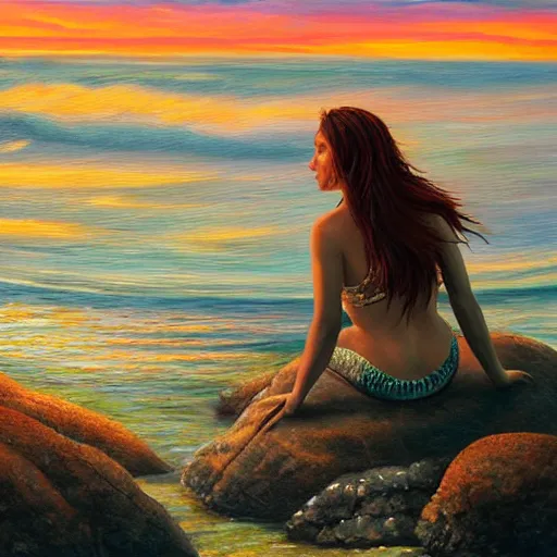 Image similar to a beautiful painting of a mermaid sits on a rock and stares at the island, sunset lighting, rim light, hyper realistic, 1 0 5 mm, amazing