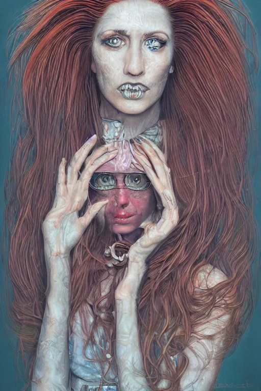 Image similar to Portrait of a woman with bangs in style of 80s surrealism art, hyper-detailed