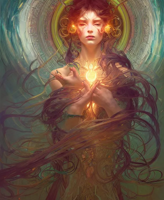 Image similar to a whirlwind of souls ushing inside the metaverse, half body, glowin eyes, d d, fantasy, intricate, elegant, highly detailed, colorful, vivid color, digital painting, artstation, concept art, art by artgerm and greg rutkowski and alphonse mucha and ruan jia