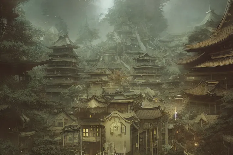 Image similar to hidden feudal japanese city, metropolis, magical, dramatic lighting, painted by tom bagshaw, James Jean and Wayne Barlowe and moebius, high details , cinematic, denoised, octane render, lush forest, cgsociety, artstation trending 8k