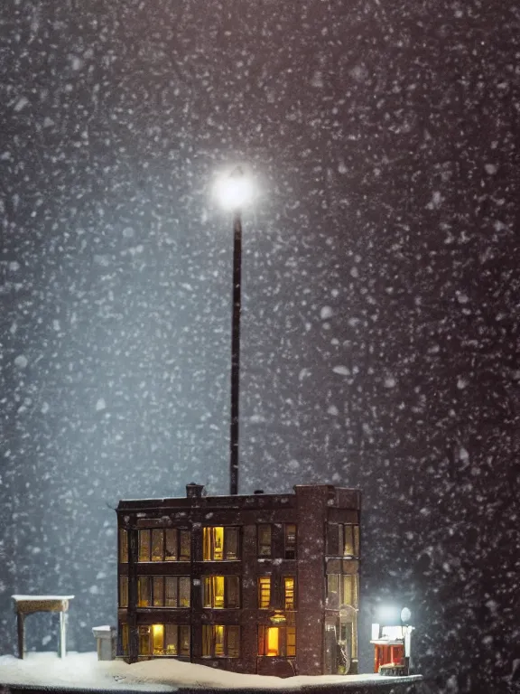 Image similar to small diorama a soviet residential building, lights are on in the windows, dark night, two man fighting for bottle of vodka on yard in front of building, cozy atmosphere, fog, cold winter, snowing, streetlamps with orange volumetric light, birches nearby,