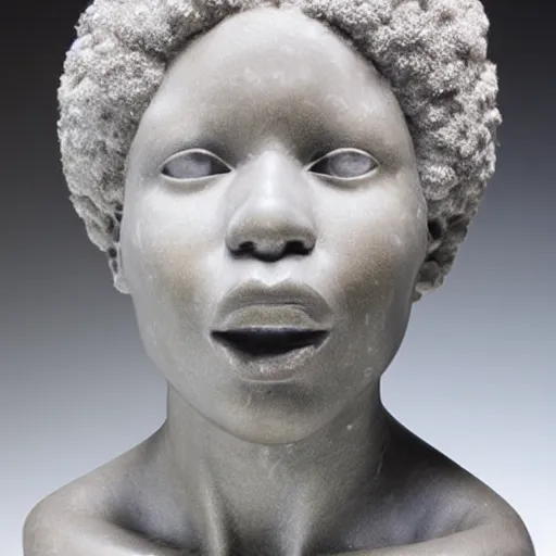 Image similar to a photorealistic all white marble sculpture of a black girl with a white afro crying