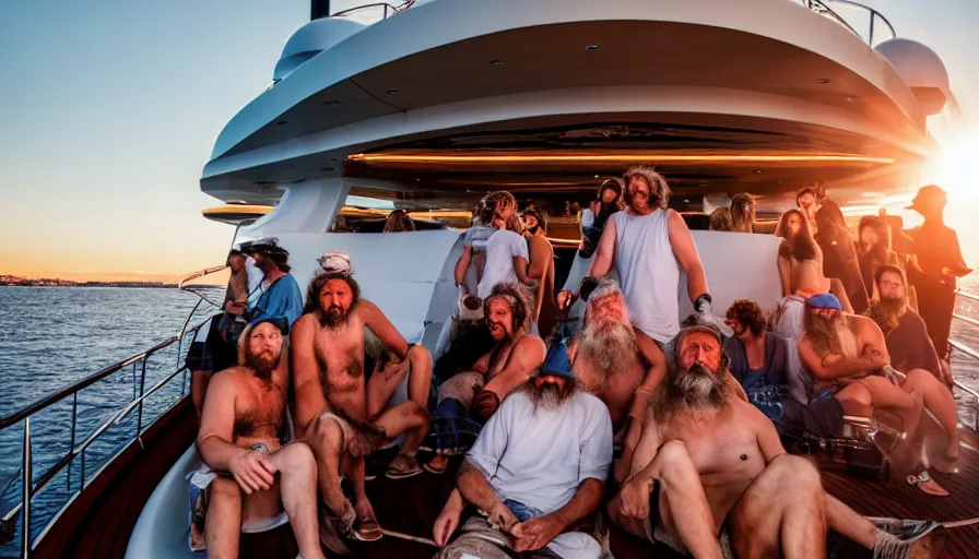 Prompt: several hobo bums party hard on the luxury super yacht, sunset light, expensive materials, symmetrical, cinematic, elegant, luxury, real photography, 4 k, ultra hd, luxury journal cover