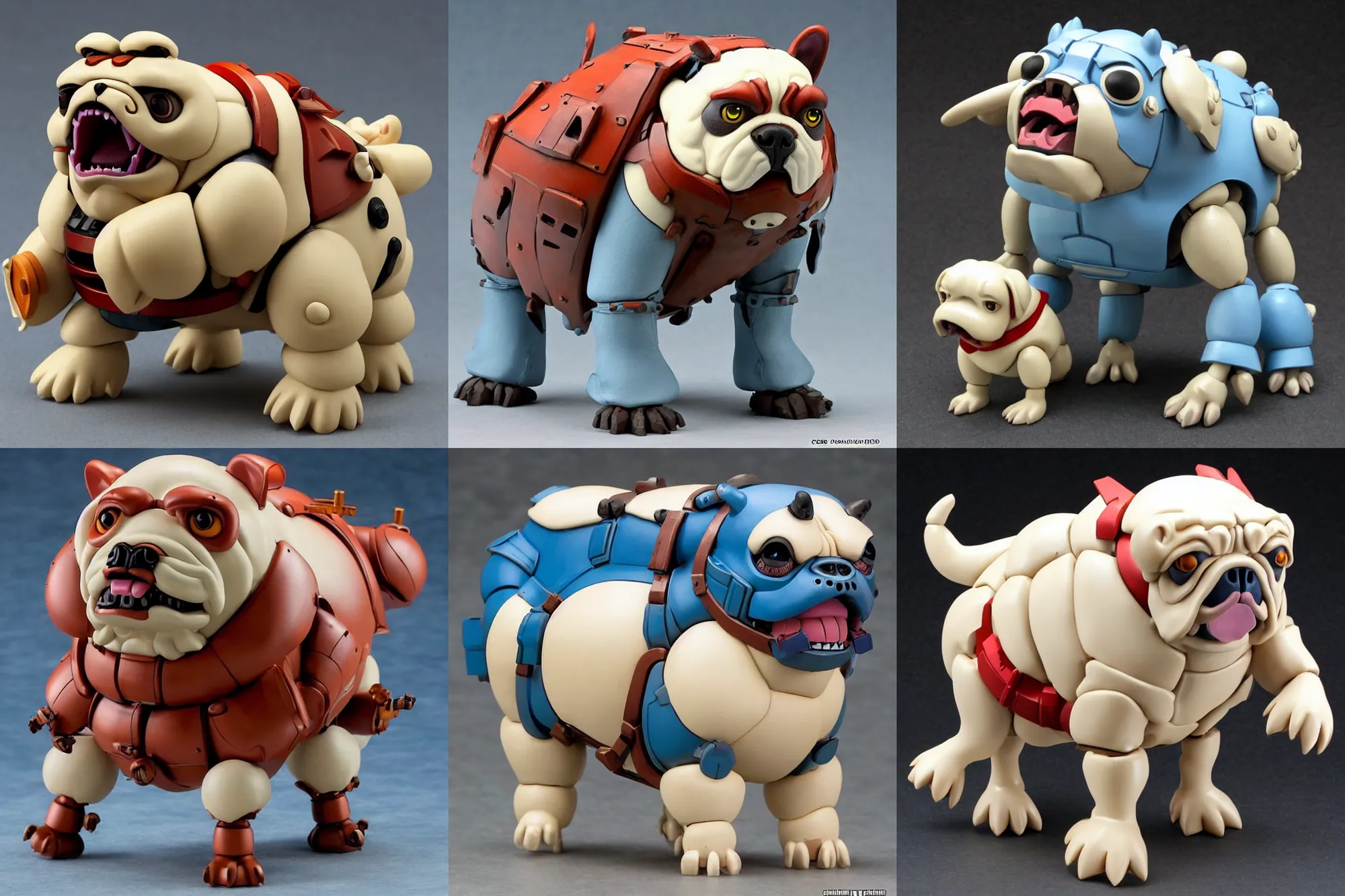 Prompt: A giant mechanized adorable Bulldog from Studio Ghibli Howl's Moving Castle (2004) as a 1980's Kenner style action figure, 5 points of articulation, full body, 4k, highly detailed. award winning sci-fi. look at all that detail!