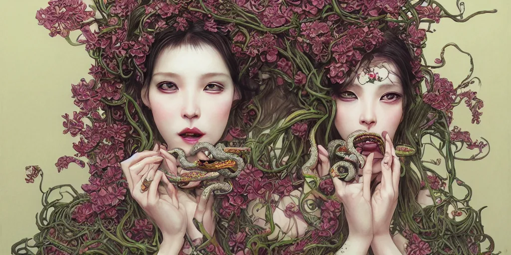 Prompt: breathtaking detailed concept art painting of a woman with snakes crawling in her mouth and eyes flowers, saint, with anxious, piercing eyes, ornate background, amalgamation of leaves and flowers, by Hsiao-Ron Cheng, James jean, Miho Hirano, takato yamamoto, extremely moody lighting, 8K