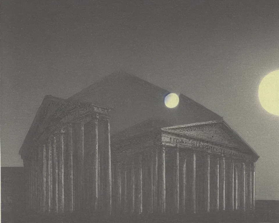 Image similar to achingly beautiful print of the Pantheon bathed in moonlight by Hasui Kawase and Lyonel Feininger.