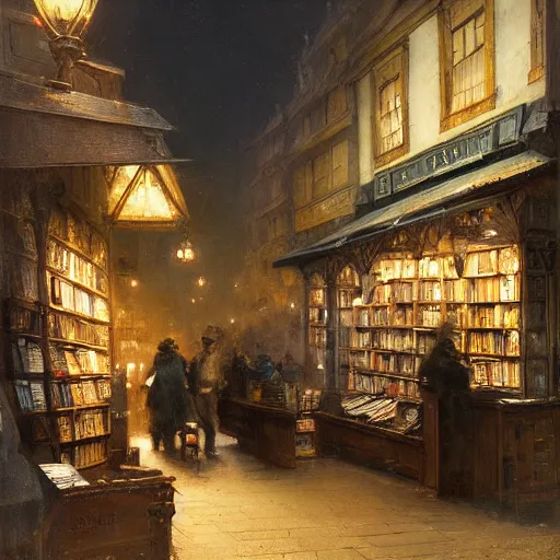 Image similar to jean-Baptiste Monge and Solomon Joseph Solomon and Richard Schmid and Jeremy Lipking victorian genre painting painting of an english 19th century english bookshop store front on a stone city streat with shops and stores at night with cozy lights