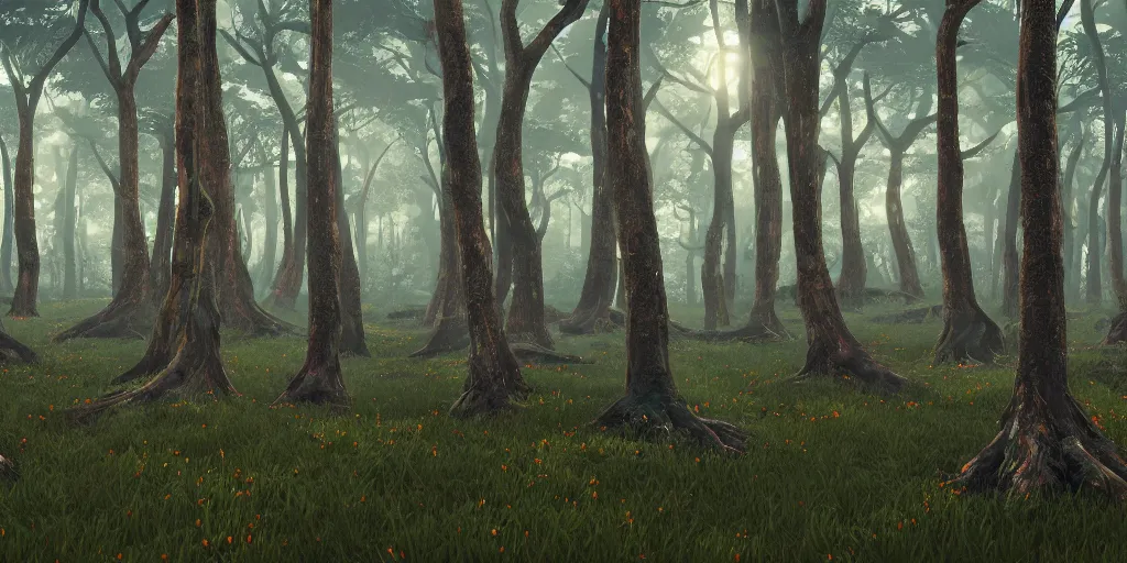 Image similar to abstract 3d landscape forest painting by james jean and David Schnell with 1000 year old trees painted in no mans sky style, redshift, octane