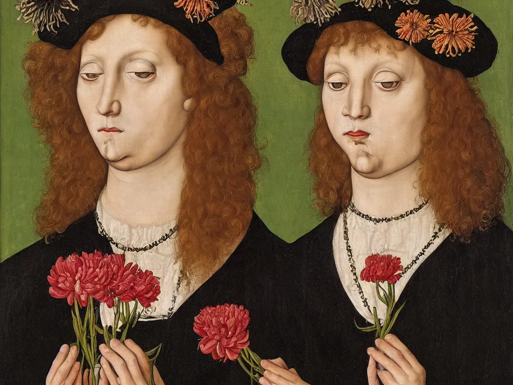 Prompt: The flower-eating weirdo. Portrait painting by Lucas Cranach.