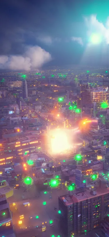 Image similar to unreal engine 5 render of a happy city on a sunny day with lasers coming out of the clouds, digital art ”