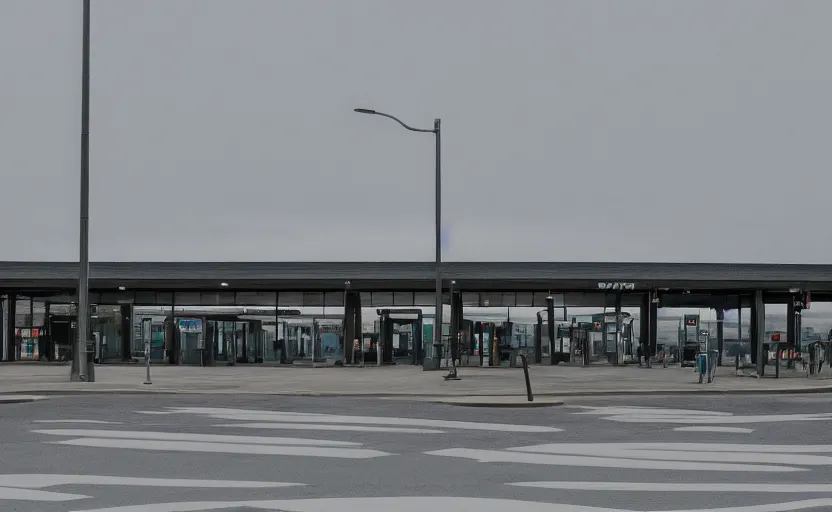 Image similar to exterior of the port byron travel plaza bus station in upstate buffalo new york, moody scene directed by charlie kaufman ( 2 0 0 1 ), anamorphic lenses, kodak color film stock, foggy volumetric light morning, cinematic trending on artstation