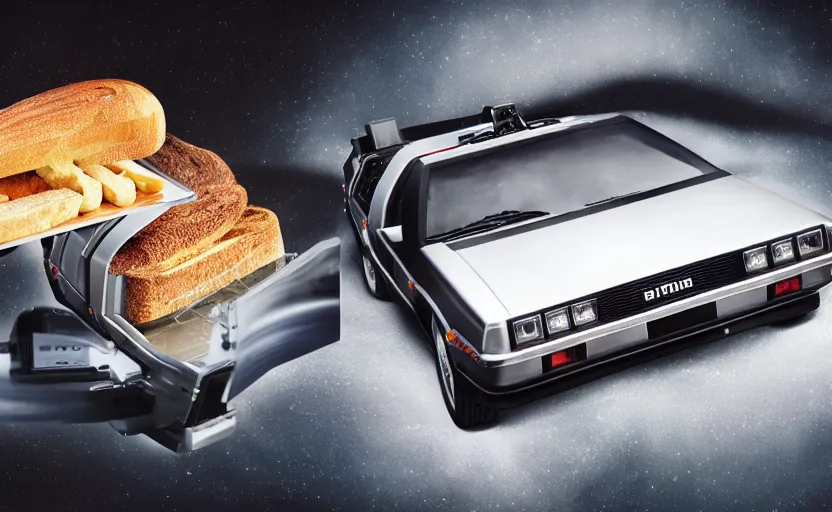 Image similar to a time-traveling delorean styled toaster with toast, bread inserted into slot, glowing heating coils, stainless steel, professional product shot, magazine ad