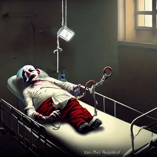 Prompt: crazy elderly clown lying in hospital bed with wrist restraints on, attached to hospital bed siderails, greg rutkowski, photograph, 8 k