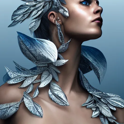 Image similar to a highly detailed digital image of a futuristic woman elegantly wrapped with silver leaves and blue ice cubes, by Andrea Chiampo, artstation and Frederik Heyman, extremely detailed woman, stunning volumetric lighting, hyper realism, fantasy 4k