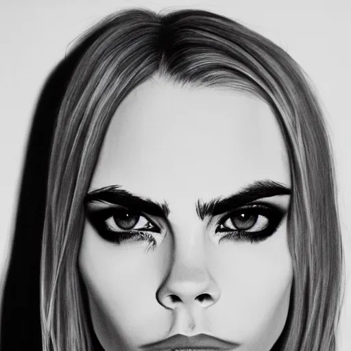 Image similar to minimalistic black and white portrait of cara delevigne, ink on canvas, trending on artstation, eyes, eyebrows, nose, lips, detailed, art