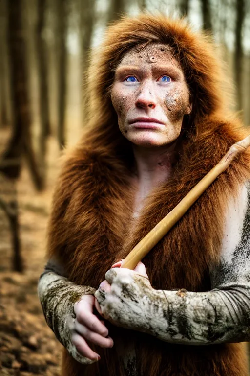 Prompt: a professional portrait photo of a gentle strong neanderthal woman in the forest in winter holding a spear, freckles and mud on face, black stripe painted side to side across her eyes, ginger hair and fur, extremely high fidelity, natural lighting,