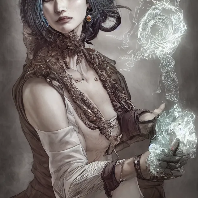 Prompt: the portrait of the lawful evil sorceress lawyer as an absurdly beautiful, jaded, elegant, sophisticated, woman, an ultrafine hyperdetailed illustration by kim jung gi, irakli nadar, intricate linework, bright colors, octopath traveler, final fantasy, unreal engine 5 highly rendered, global illumination, radiant light, detailed and intricate environment