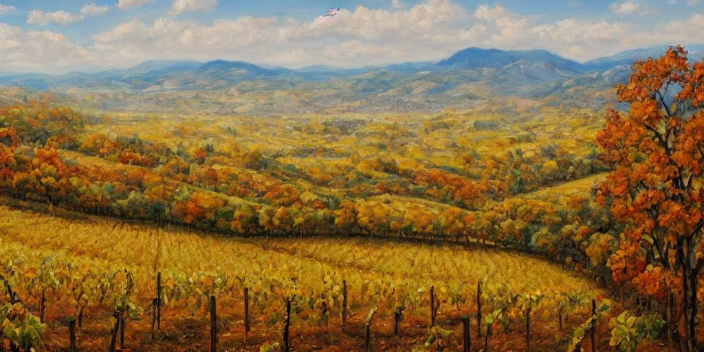 Prompt: a beautiful landscape painting of a sprawling vista with vineyards, autumn bare trees, by zohar flax, oil on canvas, highly detailed, hd, 4 k
