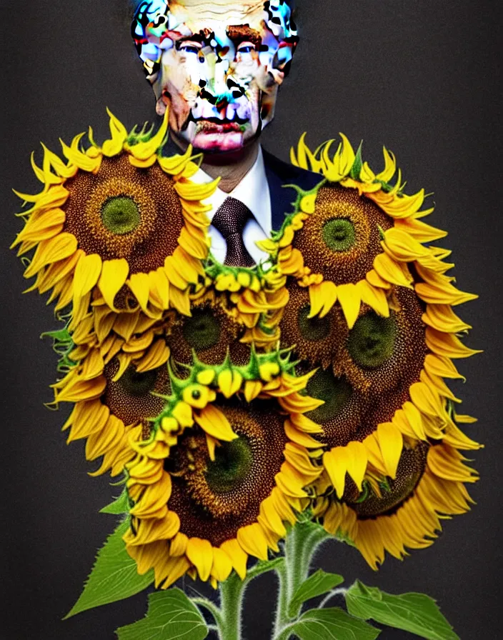 Image similar to photo portrait of Vladimir Putin - sunflowers - dressed in leisure suit with ornamental ethereal sunflower pattern, natural skin tone, highly detailed realistic flowers ornament in the upper side of breast, hair, eyebrows and wrinkles are intricate with highly detailed realistic flowers, elegant, Realistic, Refined, Highly Detailed, natural soft pastel lighting colors scheme, fine art photography by Cecil Beaton, volumetric lighting, hyper realistic photography