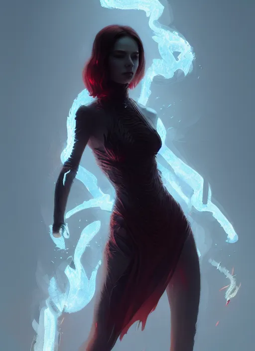 Image similar to satan daughter, wearing, outfit, clothes, full body, fire, hell, lightning, pyromancer, intricate, elegant, highly detailed, digital painting, artstation, concept art, smooth, sharp focus, illustration, ethereal, misty, by ilya kuvshinov and jeremy mann, 8 k, octane render